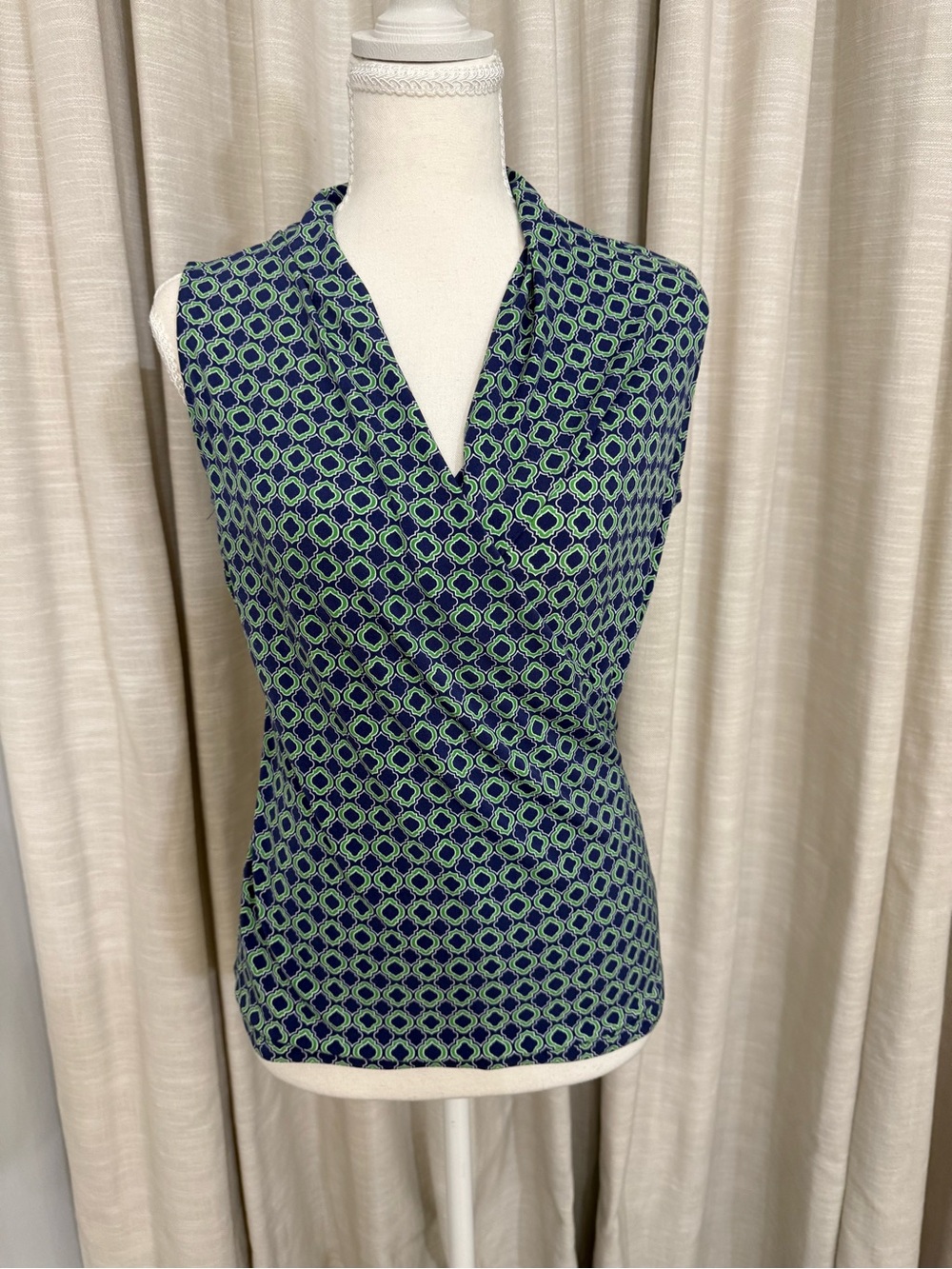 Tahari Blue and Green Geometric Sleeveless Blouse